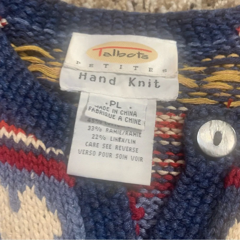 Talbots Americana Hearts Vintage 90s Linen Blend Hand Knit Cardigan Sweater - Picture 11 of 13